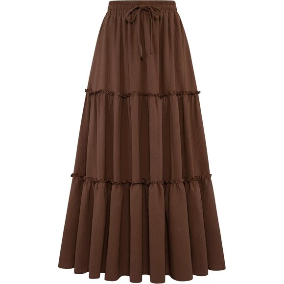 Elegant Women's Long Maxi Skirt, High Waist Pleated Ruffle & Practical Pockets - Picture 1 of 6